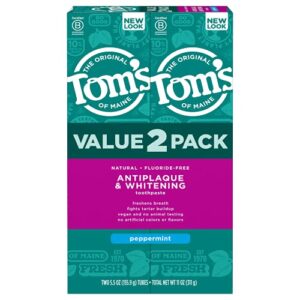 tom's of maine fluoride-free antiplaque & whitening natural toothpaste, peppermint, 5.5 ounce 2-pack (packaging may vary)
