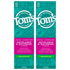 tom's of maine fluoride-free antiplaque & whitening natural toothpaste gel, spearmint, 4.7 oz. 2-pack (packaging may vary)