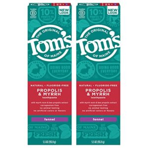 tom's of maine fluoride-free propolis & myrrh natural toothpaste, fennel, 5.5 oz (pack of 2) (packaging may vary)