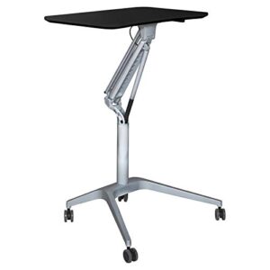 contemporary workpad height adjustable laptop cart desk with pneumatic mechanism, mobile tilt, locking castors, ergonomic curved desktop, for office, college, 19 x 28 in. black top