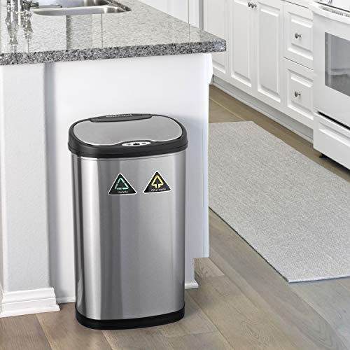 NINESTARS DZT-50-13R Automatic Touchless Infrared Motion Sensor Trash Can/Recycler, 13 Gal 50L, Stainless Steel Base (Oval, Black/Silver Lid)