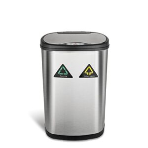 NINESTARS DZT-50-13R Automatic Touchless Infrared Motion Sensor Trash Can/Recycler, 13 Gal 50L, Stainless Steel Base (Oval, Black/Silver Lid)