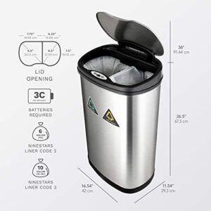 NINESTARS DZT-50-13R Automatic Touchless Infrared Motion Sensor Trash Can/Recycler, 13 Gal 50L, Stainless Steel Base (Oval, Black/Silver Lid)