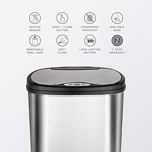 NINESTARS DZT-50-13R Automatic Touchless Infrared Motion Sensor Trash Can/Recycler, 13 Gal 50L, Stainless Steel Base (Oval, Black/Silver Lid)