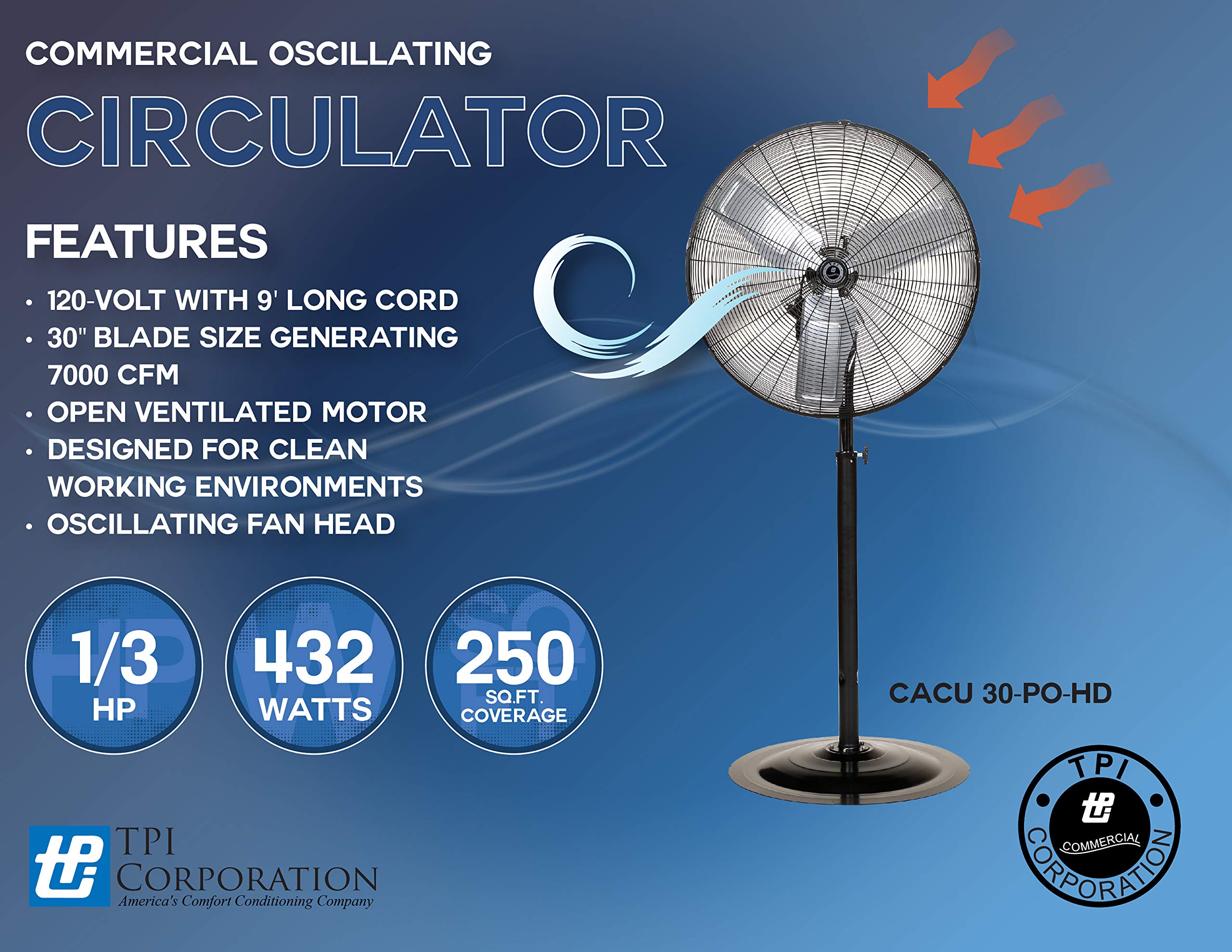 TPI Corporation CACU30-PO-HD Commercial Heavy Duty Oscillating Fan, Unassembled w/Pedestal Kit, 30" Blade Diameter, 3 Speed 1/3 HP Motor, 9' Cordset, Black