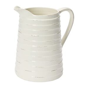 Creative Co-Op Farmhouse Embossed Stripe Ceramic Pitcher, Distressed White