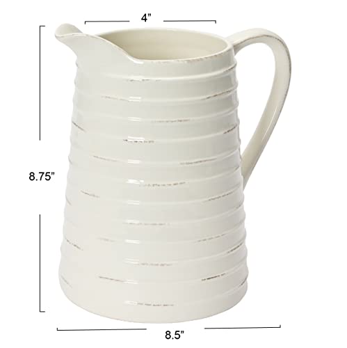 Creative Co-Op Farmhouse Embossed Stripe Ceramic Pitcher, Distressed White