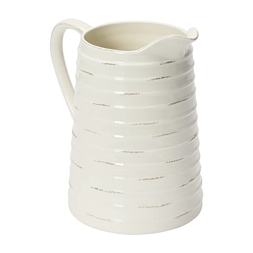 Creative Co-Op Farmhouse Embossed Stripe Ceramic Pitcher, Distressed White