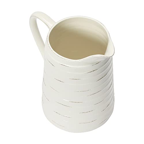 Creative Co-Op Farmhouse Embossed Stripe Ceramic Pitcher, Distressed White