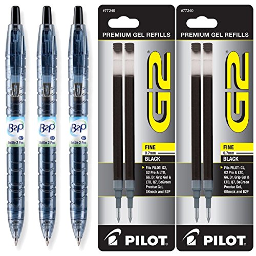 Pilot BeGreen B2P Retractable Gel Ink Pens, Fine Point 0.7mm, Pack of 3 with Bonus Refills