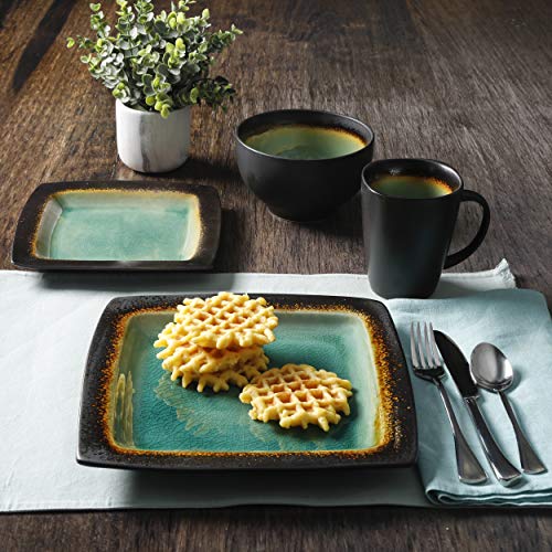 Gibson Elite Ocean Paradise Square Reactive Glaze Stoneware Dinnerware Set, Service for 4 (16pcs), Jade