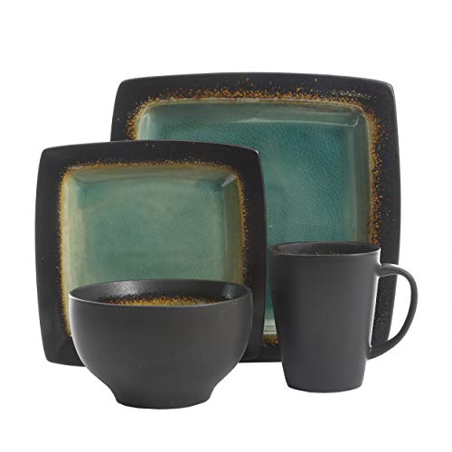 Gibson Elite Ocean Paradise Square Reactive Glaze Stoneware Dinnerware Set, Service for 4 (16pcs), Jade