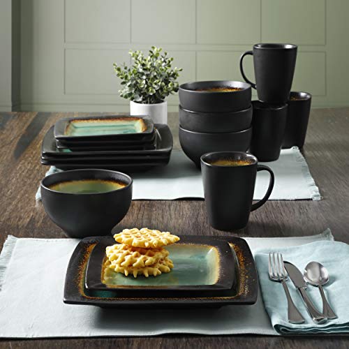 Gibson Elite Ocean Paradise Square Reactive Glaze Stoneware Dinnerware Set, Service for 4 (16pcs), Jade