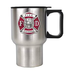 heritage pewter firefighter 14 oz. travel mug | insulated tumbler for coffee, beverages | intricately crafted metal pewter firefighter inlay