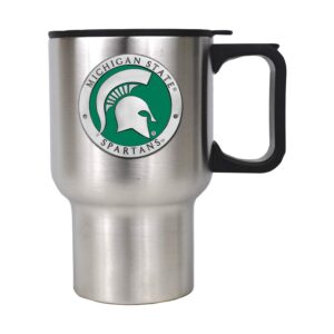heritage pewter michigan state 14 oz. travel mug | insulated tumbler for coffee, beverages | intricately crafted metal pewter alma mater inlay
