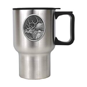 heritage pewter elk 14 oz. travel mug | insulated tumbler for coffee, beverages | intricately crafted metal pewter alma mater inlay