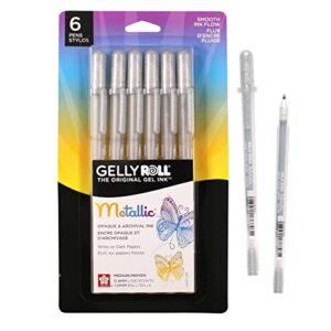 sakura gelly roll metallic gel pens - pens for scrapbook, journals, or drawing - metallic silver ink - medium line - 6 pack
