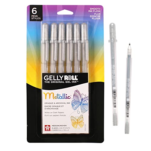 SAKURA Gelly Roll Metallic Gel Pens - Pens for Scrapbook, Journals, or Drawing - Metallic Silver Ink - Medium Line - 6 Pack