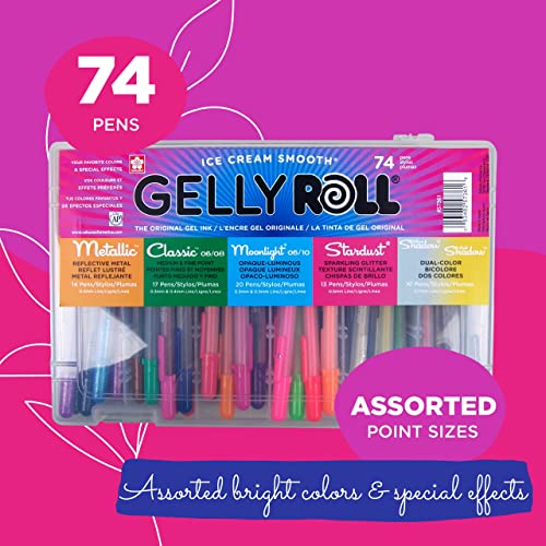 SAKURA Gelly Roll Gel Pens - Ink Pen for Journaling, Art, or Drawing - Assorted Point Sizes with Pen Storage Case - Assorted Colored Ink - 74 Pack