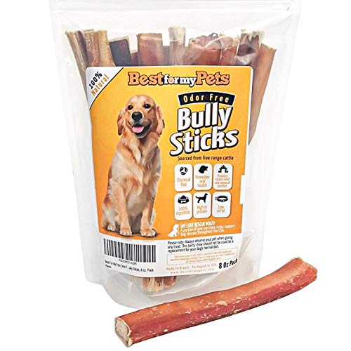 Best For My Pets Odor Free Bully Sticks, Long-Lasting Chews to Keep Puppies and Dogs Happily Busy, All-Natural Fully Digestible, 6-Inch Long, 8-Ounce Bag