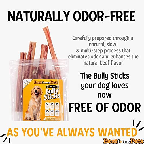 Best For My Pets Odor Free Bully Sticks, Long-Lasting Chews to Keep Puppies and Dogs Happily Busy, All-Natural Fully Digestible, 6-Inch Long, 8-Ounce Bag