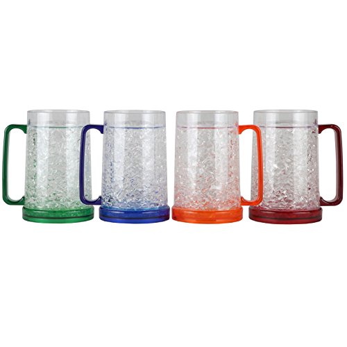 Lily's Home Freezer Beer Mugs, Double Wall, Insulated with Liquid Gel Plastic Pint Freezable Glasses, 16 oz Beer Glass for Freezer, Chiller Frosty Cup, Frozen Ice Freezy Mug, Freezer Cups. Set of 4