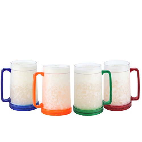 Lily's Home Freezer Beer Mugs, Double Wall, Insulated with Liquid Gel Plastic Pint Freezable Glasses, 16 oz Beer Glass for Freezer, Chiller Frosty Cup, Frozen Ice Freezy Mug, Freezer Cups. Set of 4