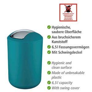 WENKO, Garbage Bin with Swing Lid, Bathroom Trash Can, Waste Basket for Small Spaces, Bedroom, Office, Guest Toilet,1.7 gal, 7.68 x 7.68 x 12.2 in, 19.5 x 19.5 x 31 cm, Petrol Blue