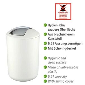 WENKO 21207100, Garbage Bin with Swing Lid, Bathroom Trash Can, Waste Basket for Small Spaces, Bedroom, Office, Guest Toilet,1.7 gal, White, 7.68 x 7.68 x 12.2 in, 19.5 x 19.5 x 31 cm