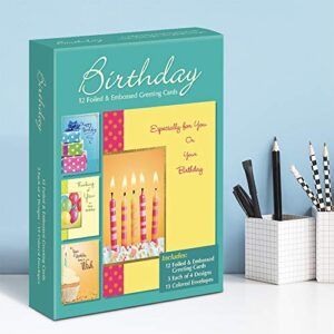 Designer Greetings Assorted Birthday Cards (12 Foiled and Embossed Greeting Cards with 13 Colored Envelopes; 3 Each of 4 Designs)