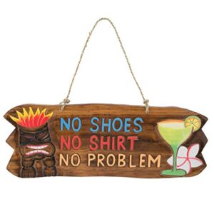 no shirt no shoes no problem wood tiki mask sign with twine hanger - tropical drink and flower accent - 17" x 7"