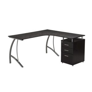 techni mobili modern l shaped computer desk with file cabinet and storage, workstation table with mdf panels and pvc laminate veneer surface, espresso