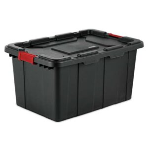 sterilite 14669004 27-gallon durable rugged industrial stackable tote bin storage container with recessed lid and red latches, black
