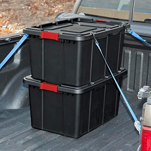 Sterilite 14669004 27-Gallon Durable Rugged Industrial Stackable Tote Bin Storage Container with Recessed Lid and Red Latches, Black