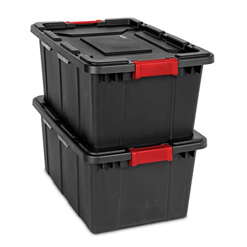 Sterilite 14669004 27-Gallon Durable Rugged Industrial Stackable Tote Bin Storage Container with Recessed Lid and Red Latches, Black