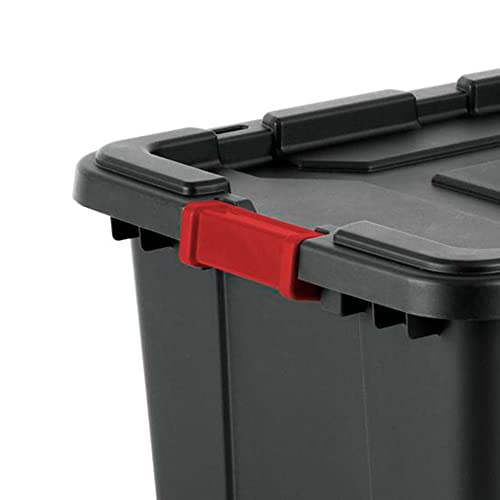 Sterilite 14669004 27-Gallon Durable Rugged Industrial Stackable Tote Bin Storage Container with Recessed Lid and Red Latches, Black