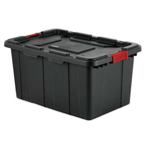 Sterilite 14669004 27-Gallon Durable Rugged Industrial Stackable Tote Bin Storage Container with Recessed Lid and Red Latches, Black