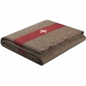 sl swiss army style wool chestnut blanket 2700, brown with white cross and red stripe