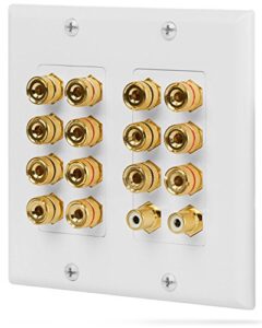fosmon 2-gang 7.1 surround sound distribution home theater wall plate, gold plated 7-pair copper binding posts coupler type for 7 speakers, 2 rca jack for subwoofer