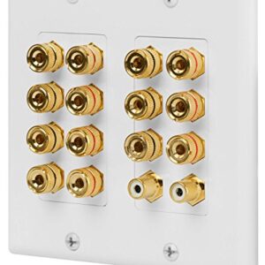 Fosmon 2-Gang 7.1 Surround Sound Distribution Home Theater Wall Plate, Gold Plated 7-Pair Copper Binding Posts Coupler Type for 7 Speakers, 2 RCA Jack for Subwoofer