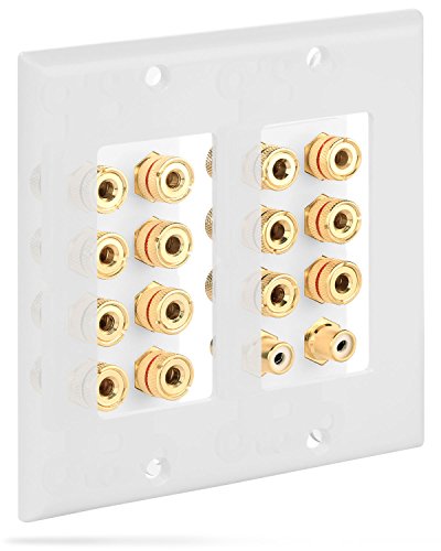 Fosmon 2-Gang 7.1 Surround Sound Distribution Home Theater Wall Plate, Gold Plated 7-Pair Copper Binding Posts Coupler Type for 7 Speakers, 2 RCA Jack for Subwoofer