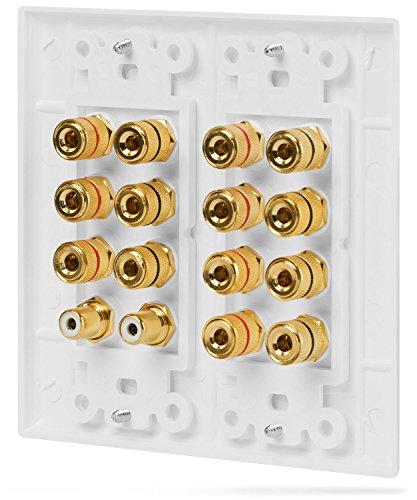 Fosmon 2-Gang 7.1 Surround Sound Distribution Home Theater Wall Plate, Gold Plated 7-Pair Copper Binding Posts Coupler Type for 7 Speakers, 2 RCA Jack for Subwoofer