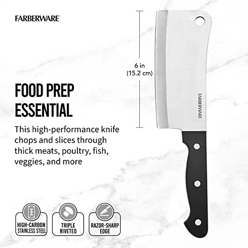 Farberware Stamped Triple Rivet High Carbon Stainless Steel Kitchen Cleaver with Contoured Handle, 6-Inch, Black,5099687