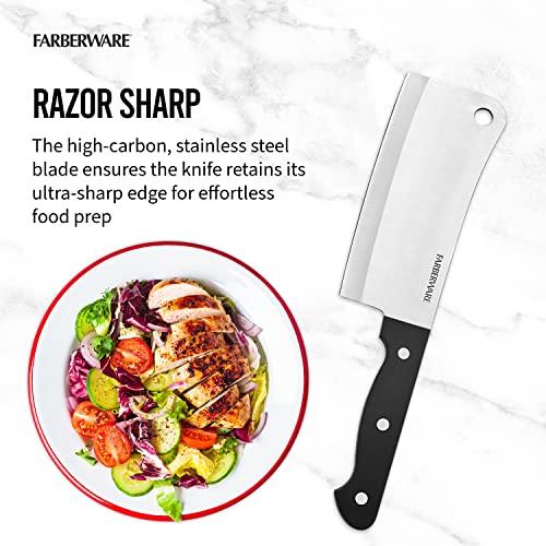 Farberware Stamped Triple Rivet High Carbon Stainless Steel Kitchen Cleaver with Contoured Handle, 6-Inch, Black,5099687