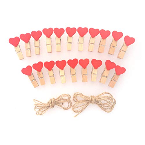 LWR CRAFTS Red Heart Wooden Mini Clothespins 20 Pieces and Jute Cord 8ft