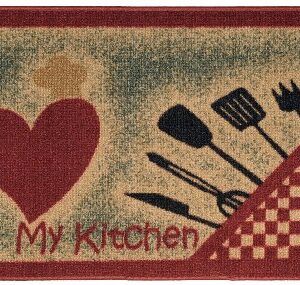 Kitchen Rugs and Mats - 18" x 31" - Non Skid, Rubber Back - Love My Kitchen, Heart Utencil Themed - Doormat