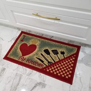 Kitchen Rugs and Mats - 18" x 31" - Non Skid, Rubber Back - Love My Kitchen, Heart Utencil Themed - Doormat