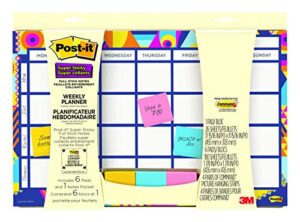post-it weekly planner with post-it super sticky full adhesive notes, 17-15/16 in x 11-15/16 in, help organize and keep track of daily events, gradient watercolor (730-cal-grdnt)