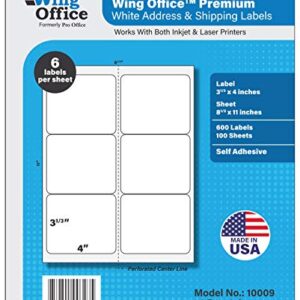 Pro Office Shipping Labels for Printers - Premium 600 Self Adhesive - Laser and Ink Jet Printers, White, Made in USA, 3.33 x 4 Inches, Pack of 600, Same Size As 8164 and More