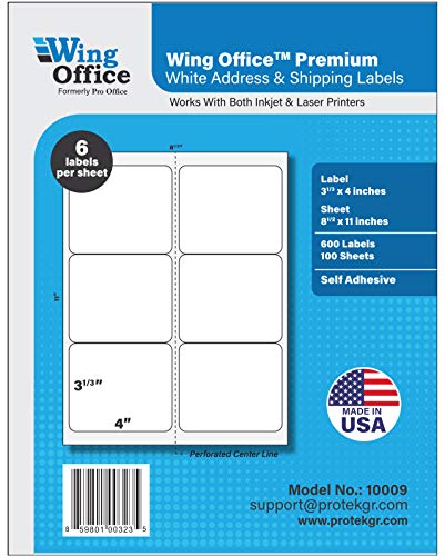 Pro Office Shipping Labels for Printers - Premium 600 Self Adhesive - Laser and Ink Jet Printers, White, Made in USA, 3.33 x 4 Inches, Pack of 600, Same Size As 8164 and More